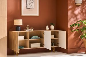 Buffet design gravé finition bois clair chêne et métal doré 3 portes L160 cm OZEN