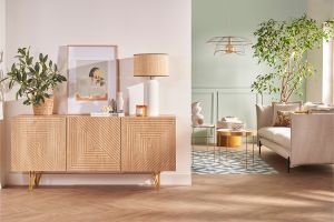 Buffet design gravé finition bois clair chêne et métal doré 3 portes L160 cm OZEN