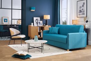 Canapé convertible 3 places en tissu bleu canard et bois clair avec matelas 18 cm SKANDY