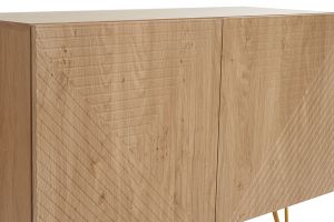 Buffet design gravé finition bois clair chêne et métal doré 2 portes L107 cm OZEN