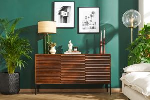 Buffet en bois foncé manguier massif et métal noir 3 portes L140 cm ONDA
