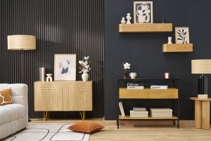Console en bois manguier massif et plateau en verre 2 tiroirs L100 cm SITA