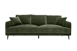 Canapé design 3 places en tissu effet velours vert kaki et métal noir JERRY