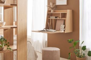Bureau mural avec rangements scandinave bois clair chêne L78 cm GABIN