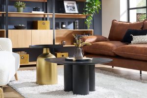 Table d'appoint design ronde en métal doré et plateau noir mat RAMSES
