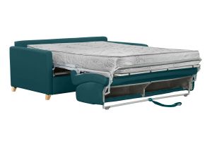 Canapé convertible 3 places en tissu bleu canard et bois clair avec matelas 18 cm SKANDY