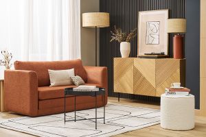 Lampe à poser en céramique émaillée terracotta et abat-jour en raphia naturel H64 cm MAJES