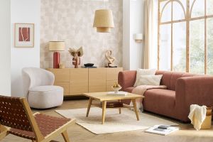 Lampe à poser en céramique émaillée terracotta et abat-jour en raphia naturel H64 cm MAJES