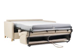 Canapé convertible 3 places en tissu beige et bois clair avec matelas 18 cm SKANDY