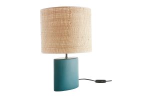 Lampe à poser en céramique bleu pétrole mat et abat-jour en raphia naturel H40 cm TIGA