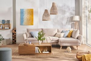 Canapé d'angle droit scandinave 5 places en tissu beige et bois clair CREEP