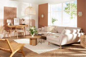 Canapé d'angle droit scandinave 5 places en tissu beige et bois clair CREEP