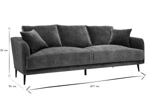 Canapé design 3 places en tissu effet velours vert kaki et métal noir JERRY