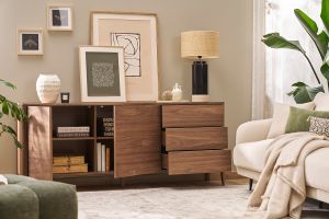 Buffet en bois foncé noyer 2 portes 3 tiroirs 180 cm BENJA