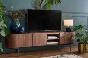 Meuble TV design bois foncé noyer et métal noir avec rangements L180 cm SKYE