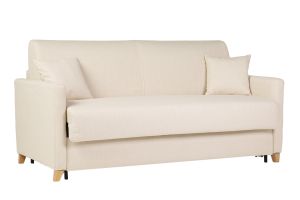 Canapé convertible 3 places en tissu beige et bois clair avec matelas 18 cm SKANDY