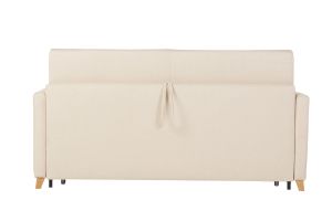Canapé convertible 3 places en tissu beige et bois clair avec matelas 18 cm SKANDY