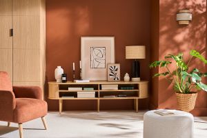 Meuble TV vintage bois clair chêne avec rangements 2 portes coulissantes L180 cm EPIC