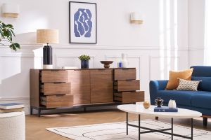 Buffet vintage finition bois foncé noyer et métal noir avec rangements L180 cm SARTO