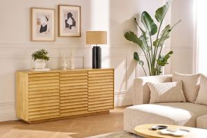 Lampe à poser en céramique émaillée noire et abat-jour en raphia naturel H64 cm MAJES
