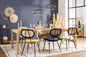 Design-Stühle aus bronzefarbenem Samtstoff, schwarzem Metall und naturfarbenem Rattangeflecht (2er-Set) TOLMA