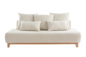 Canapé 3 places en tissu effet velours texturé beige et bois clair L200 cm ODEON