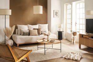 Canapé 3 places en tissu effet velours texturé beige et bois clair L200 cm ODEON