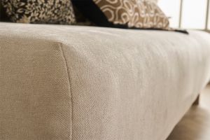 Canapé 3 places en tissu effet velours texturé beige et bois clair L200 cm ODEON