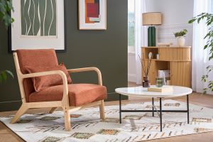 Fauteuil scandinave en tissu effet velours terre brûlée et bois clair massif DERRY