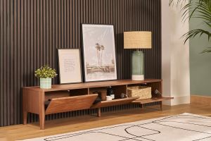 Meuble TV bois foncé noyer 3 tiroirs L180 cm BENJA