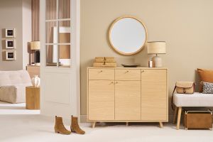 Mobile da ingresso - mobile contenitore per scarpe finitura legno chiaro rovere e metallo dorato L110 cm SILVESTRE