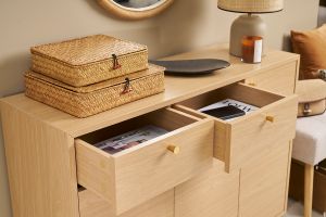 Mobile da ingresso - mobile contenitore per scarpe finitura legno chiaro rovere e metallo dorato L110 cm SILVESTRE
