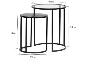 Tables d'appoint gigognes en verre trempé et métal noir TAHL