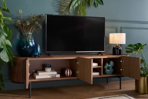 Meuble TV design bois foncé noyer et métal noir avec rangements L180 cm SKYE