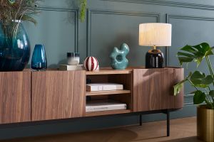 Meuble TV design bois foncé noyer et métal noir avec rangements L180 cm SKYE