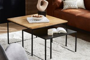 Tables basses gigognes carrées bois manguier massif et métal noir (lot de 2) TAHL