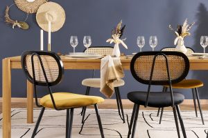 Chaises design en tissu velours bronze, métal noir et cannage rotin naturel (lot de 2) TOLMA