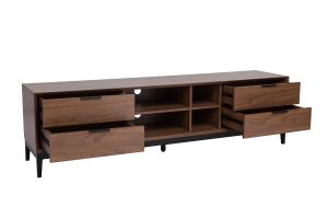 Meuble TV vintage finition bois foncé noyer et métal noir avec rangements L180 cm SARTO