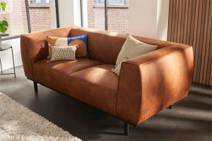 Canapé design 2-3 places en cuir aspect vieilli marron cognac MORRIS