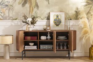 Buffet design bois foncé noyer et métal noir 3 portes L160 cm SKYE