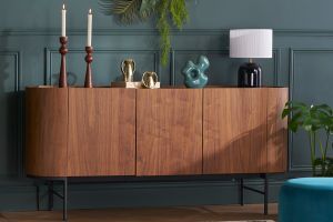 Buffet design bois foncé noyer et métal noir 3 portes L160 cm SKYE