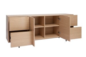 Buffet design finition bois clair chêne et métal noir 2 portes 4 tiroirs L180 cm ALASKA
