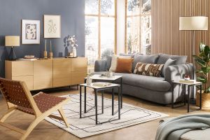 Buffet design finition bois clair chêne et métal noir 2 portes 4 tiroirs L180 cm ALASKA