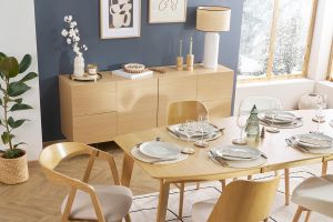 Buffet design finition bois clair chêne et métal noir 2 portes 4 tiroirs L180 cm ALASKA