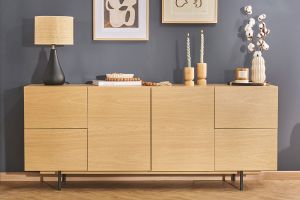 Buffet design finition bois clair chêne et métal noir 2 portes 4 tiroirs L180 cm ALASKA
