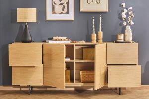 Buffet design finition bois clair chêne et métal noir 2 portes 4 tiroirs L180 cm ALASKA