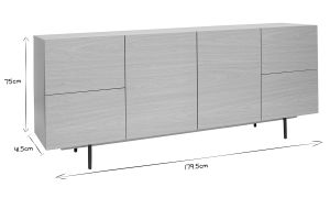 Buffet design finition bois clair chêne et métal noir 2 portes 4 tiroirs L180 cm ALASKA