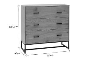 Commode 3 tiroirs finition bois clair chêne et métal noir L100 cm LOVATO
