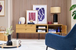 Meuble TV finition en bois clair chêne et métal noir L160 cm PERNELLE