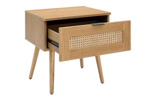 Comodino in legno chiaro, motivo a intreccio rattan e metallo nero MANILLE